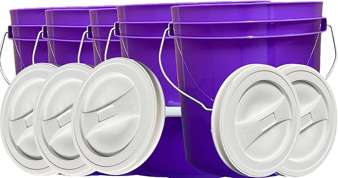 House Naturals 2 Gallon Food Grade Plastic Bucket Purple with Screw on Lid Made in USA (Pack of 5)