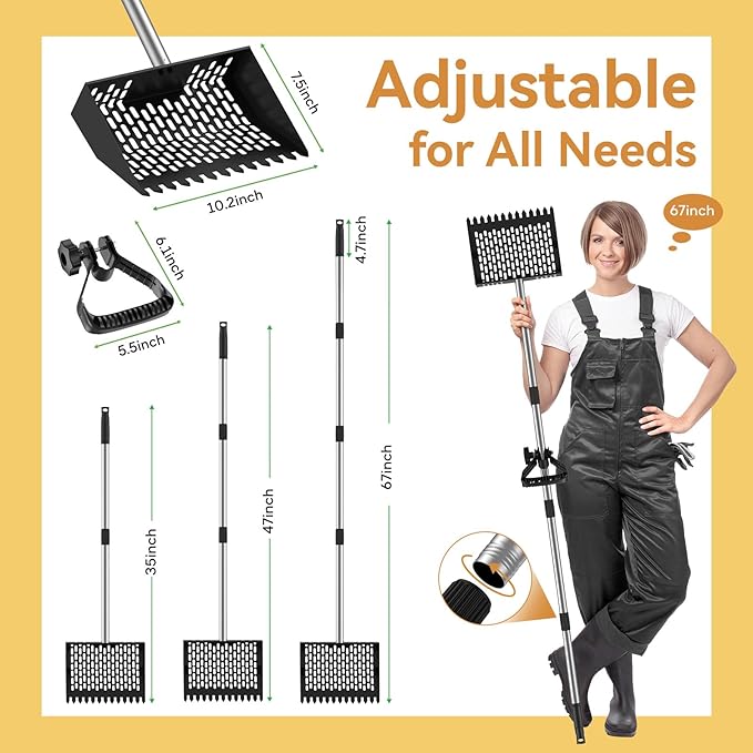 Chicken Poop Scooper for Sand 2-in-1, Heavy Duty Chicken Scooper for Poop with 35" to 65" Stainless Steel Handle, Chicken Coop Scooper Rake, Litter Scooper Sand Sifting Shovel for Chicken Coops & Pet