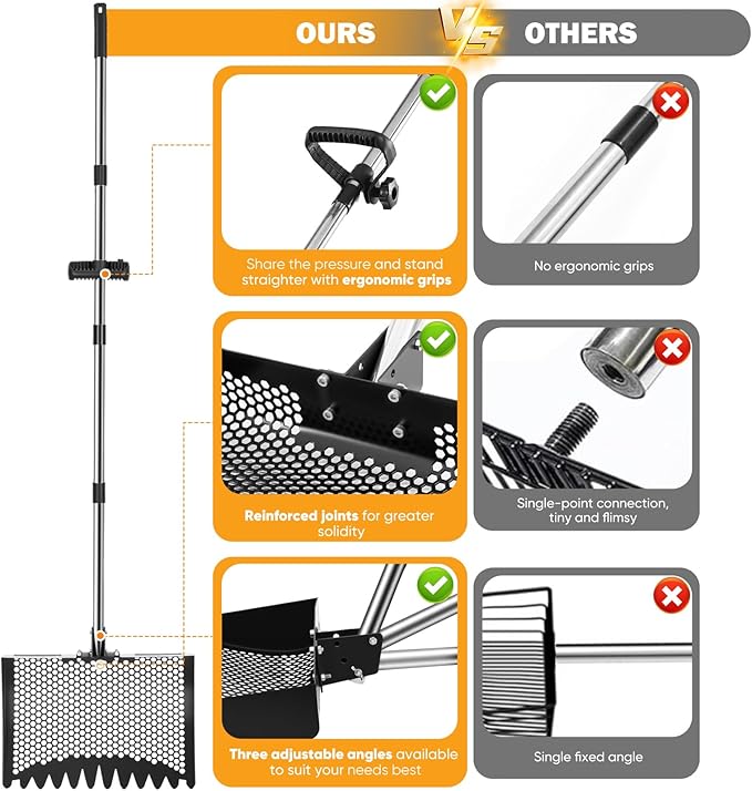 12inch Chicken Poop Scooper & Rake 2-in-1, Heavy Duty Metal Chicken Coop Scoop for Sand with Ergonomic Grip, Adjustable Angle Stainless Steel Chicken Coop Rake Litter Sifting Shovel (37-64")