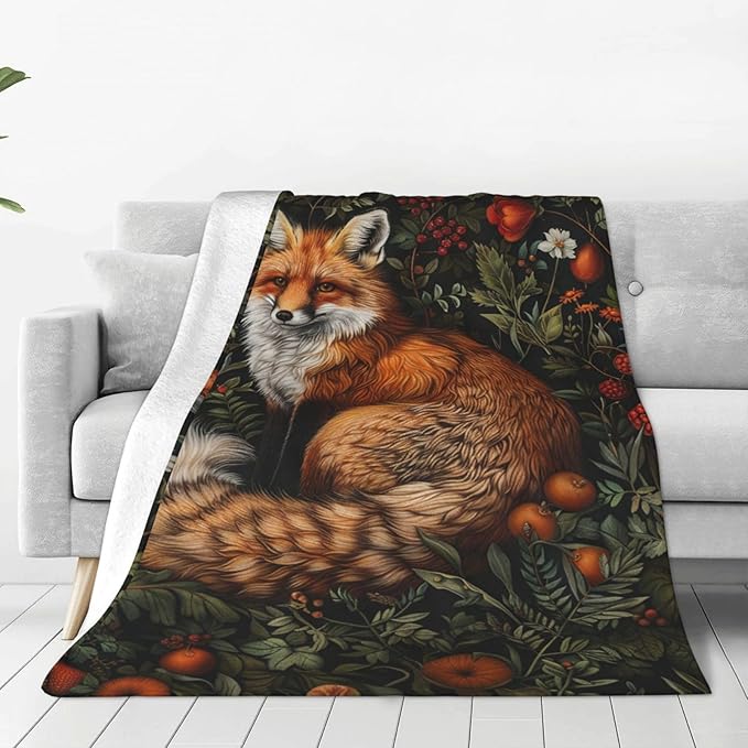 Fox Blanket Vintage Forest Fox Decor Throw Blanket Comfy Plush Flannel Fleece Warm Soft Fluffy Fuzzy Winter Blanket Fox Lover Gifts for Girls Boys Women Teens Adults for Bed Sofa Couch 50"X60"