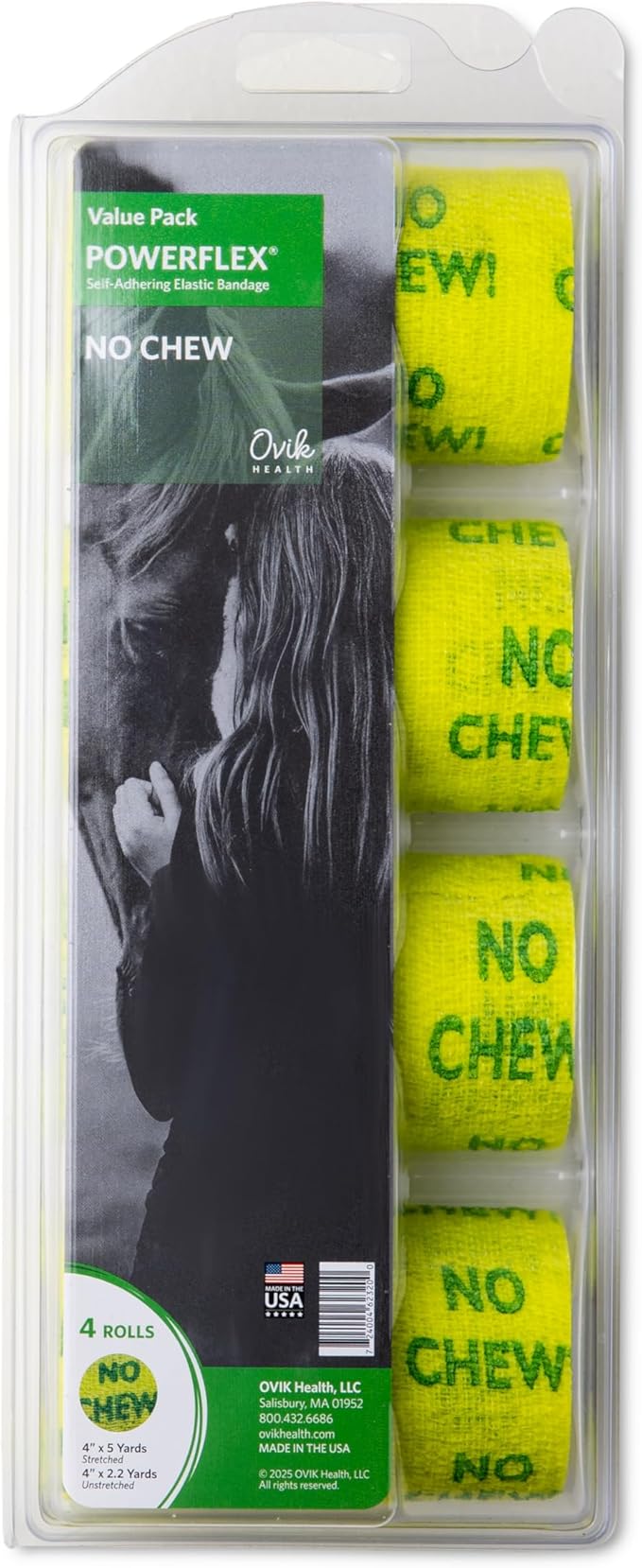 PowerFlex Equine – Extra Strong Self-Adhering Bandage Wrap – Wound Care, Compression & Support Bandage for Horses, Cows & Dogs – No Chew, 4 inch, 4 Rolls (Resealable Case)