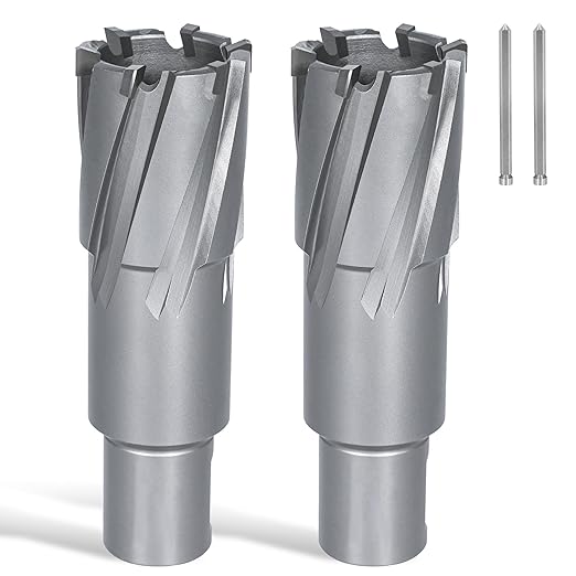 KEENTECH 2-PC Carbide-Tipped Annular Cutter Set, 1-1/8" Dia x 2" Depth, 3/4" Weldon Shank (2 Flat), High Speed Cutting TCT Mag Drill Bit with Pilot Pin for Harder Material