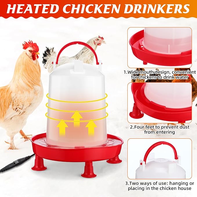 4 Pack 6l Heated Chicken Waterer for Winter Poultry Feeder Poultry Heated Constant Temperature Fountain with Leg Support for Chicken Coop Chicks Birds Duck Pigeon Farm Supplies