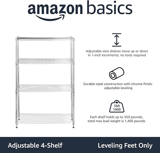 Amazon Basics 4-Shelf Adjustable Heavy Duty Steel Wire Rack Storage Shelving Organizer for Kitchen, Garage, 36" L x 14" W x 54" H, Chrome Silver