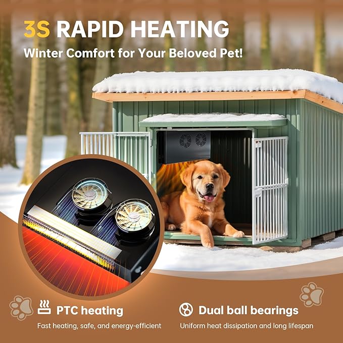 Briidea 400W Dog House Heater with PTC Rapid Heating (3 Seconds), 32℉-122℉ Temperature Range, 11.5FT Anti-Chew Cord, Heats Up to 120 Cubic Feet Dog Houses, Chicken Coops & Rabbit Cages