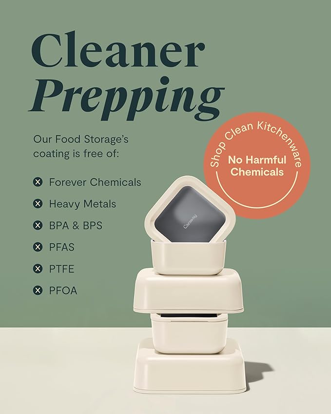 Caraway Glass Food Storage - 10 Cup Glass Container - Ceramic Coated Food Container - Non Stick Lunch Box with Lids - Dishwasher, Oven, & Microwave Safe - Square Shape - Cream