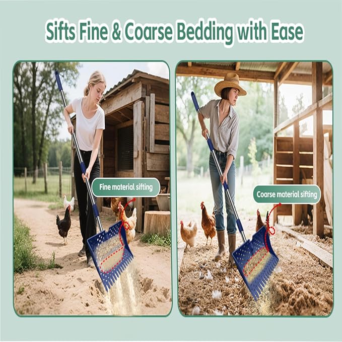 US Patent Pending 12-Inch 2-in-1 Chicken Poop Scooper & Rake,3-Shape Sifting Holes Chicken Coop Rake，Stainless Steel Handle （20–61"）– Litter Scooper & Sand Sifting Shovel for Chicken Coops（Blue）