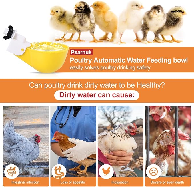 Chicken Waterer Cups (8 Pack/Yellow) - DIY Automatic Large Chicken Water Feeder for Ducks,Chicks, Turkeys, Quail, Bunny, Bird and Other Various Poultry Dispenser with Matching Drill
