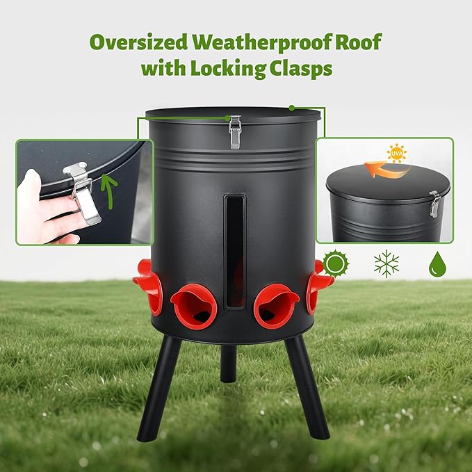 KOL 50 LB Large Free Standing Chicken Feeder, Portable Gravity Chicken Feeder Automatic, Dispenser, 8 Feeding Ports Poultry Feeder for Chicken Rooster & Hen (Black)