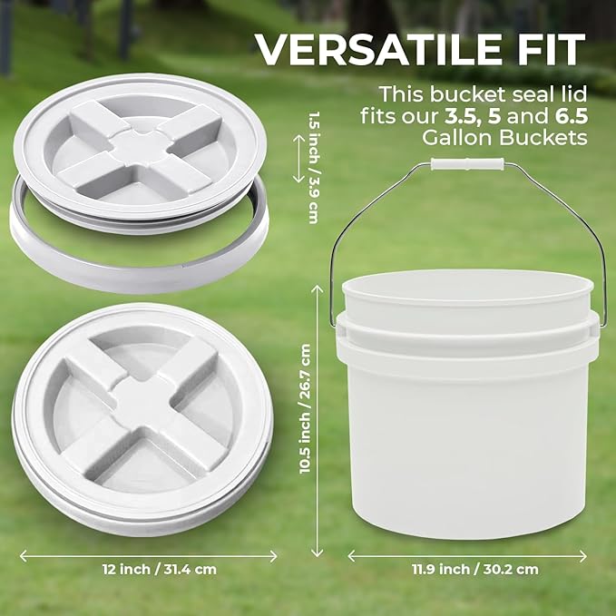 3.5-Gallon White Bucket Pail with Gamma Seal Screw on Airtight Lid, Heavy-Duty 90MIL Extra Durable, Food Grade, Metal Handles with Plastic Grip for Easy Carrying, Easy Stack & Store, BPA Free - 3 Pack