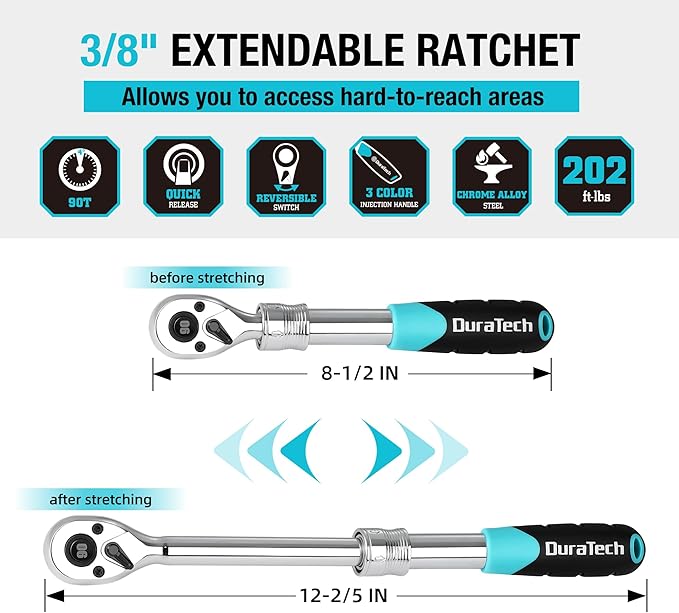 DURATECH 3/8-Inch Drive Extendable Ratchet, 90-Tooth Quick-release Ratchet Wrench with Cushion Handle & Telsecoping Locking Shaft(4 Length Adjustment: 8-1/2" to 12-2/5"), Reversible, Chrome Alloy Made