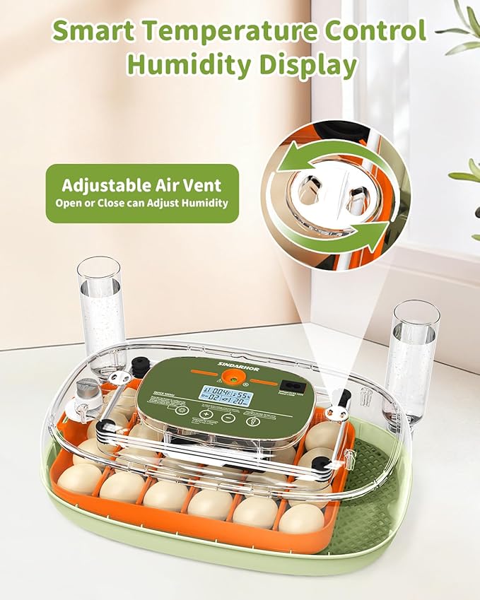 Egg Incubator for 24 Chicken Eggs with Automatic Turner, Digital Temperature Control & Humidity Display, Candler, Poultry Hatcher for Chicken, Duck, Quail, Birds (Green)