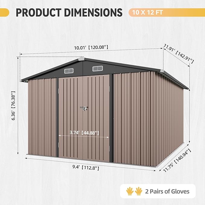 Aoxun 10x12 Shed with Brown Floor Galvanized Steel Outdoor Storage Shed Metal Garden Shed with Moisture-Proof Floor & Ventilation, Sloped Roof for Bike/Generator/Tool Storage (Brown Floor Included)
