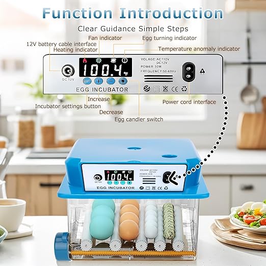 Automatic Egg Incubator 16 Egg Incubators for Hatching Eggs with Temperature Control Humidity Control and Display for Goose Chicken Duck Quail Pigeon Eggs Auto Turner, Blue