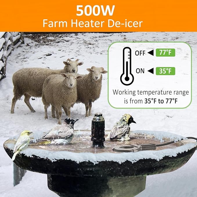 500W Utility De-Icer, Submergible Bird Bath Heater De-icer, Chicken Water Heater, Stock Tank Heater for Livestock Poultry Birds, Cows, Horses, Wildlife Drinkingwith 10FT Power Cord, Black