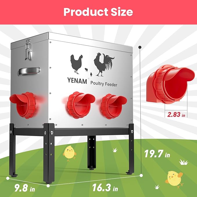 40 lb Automatic Chicken Feeder No Waste, 6 Feeding Port Large Metal Chicken Feeders, Poultry Feeder with Adjustable Height Base & Locking Lid, Rat Proof Chick Feeder for Chickens, Ducks & Geese
