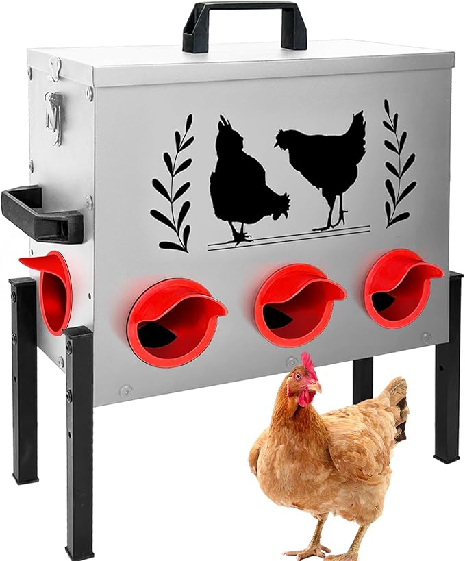 Chicken Feeders, 50 lb Capacity 8 Port Automatic Chicken Feeder, Metal Chick Feeders with Locking Lid and Legs, Chicken Feeder for Chickens, Ducks, Geese，Silver