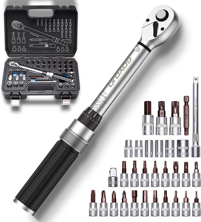 GOYOJO 32-Piece Torque Wrench Set, Chrome Vanadium Steel, 2-24 N.m - Includes 1/4" & 3/8" Sockets, T10-T40, M5-M8, H2-H8, PH1-PH3 Bits, 1/4" 4-Inch Extension - Versatile for Automotive, Cycling & DIY