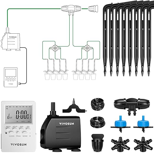 VIVOSUN Professional Automatic Drip Irrigation Kits, 15W Output, All in One Professional Grow Kit- Includes Pump, Timer and Regulator, 8 Drip Emitters Garden Plant Watering System Indoor Outdoor