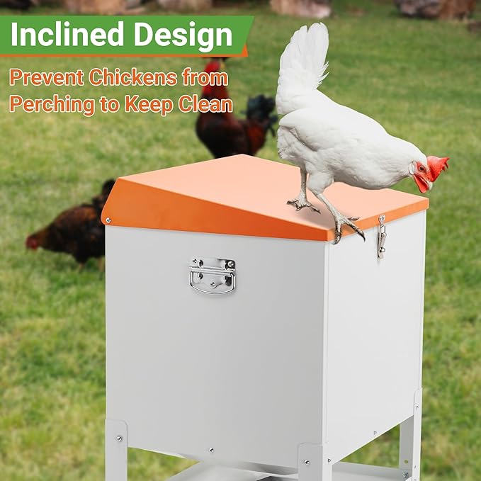 Chicken Feeder, 85LBS Capacity Metal Poultry Feeder (18” x 15.1” x 29.5”) for 16 Chickens, Powder-Coated Steel Feeder w/Waterproof Lid and Stainless Handles