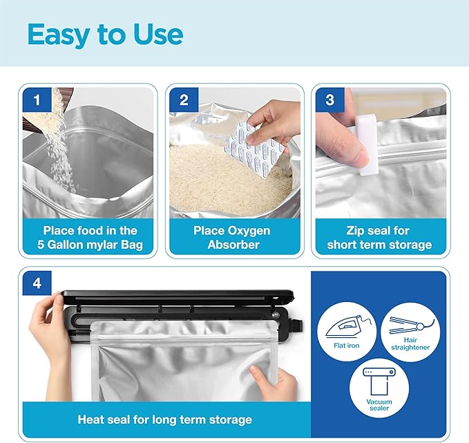 20 Pcs 5 Gallon Mylar Bags With Oxygen Absorbers - 11 Mil Thick - With Sticker Labels and Closure Clip - Smell Proof, Zipper Closure Heat Resealable Large Mylar Bags For Food Storage