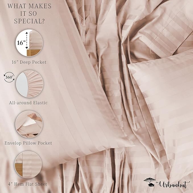 URBANHUT 1000 Thread Count Damask Striped Queen Size Egyptian Cotton Sheets, Long Staple Soft & Breathable, 4 Pc Bed Sheet Sets, Luxury Hotel Sateen Sheets Fits 16" Deep Pocket - Blush Pink
