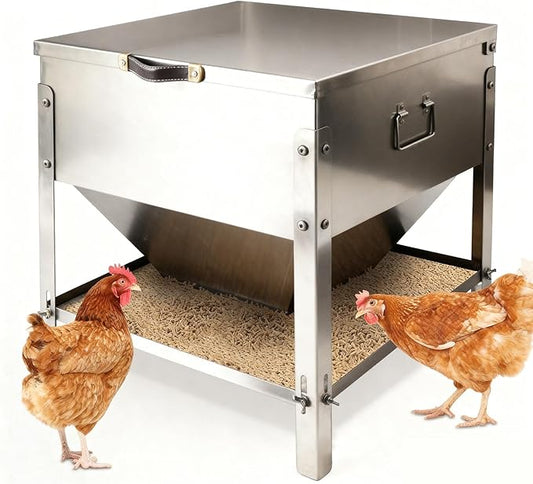 Stainless Steel Chicken Feeder No Waste, Large Capacity Poultry Feeder, Adjustable Metal Chicken Coop Feeder with Lid and Handle
