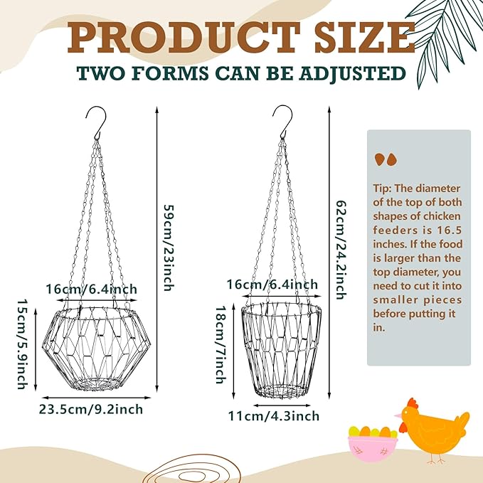 Patelai 3 Pack Hanging Chicken Feeder, 9.2in Large Vegetable Fruits Poultry Feeder Basket with Hanging Chains, Foldable Ducks Treat Dispenser Chicken Toys for Coop for Rabbits Hens, Black