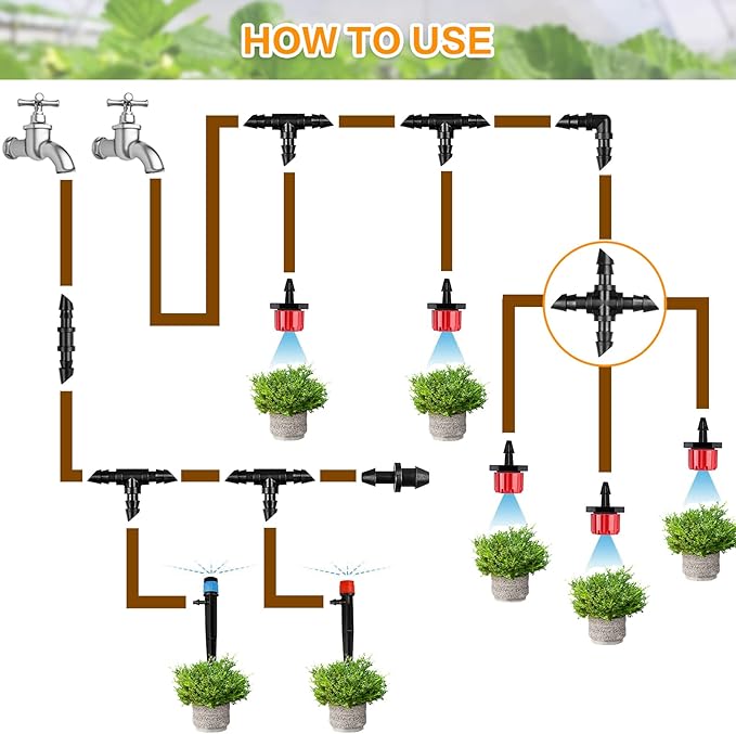 Drip Irrigation Cross Fittings: 45 Pieces Barbed 4-Way Cross Irrigation Parts with Sharp End Fits for 1/4 Inch Drip Tubing Line Tee Connectors for Garden Lawn
