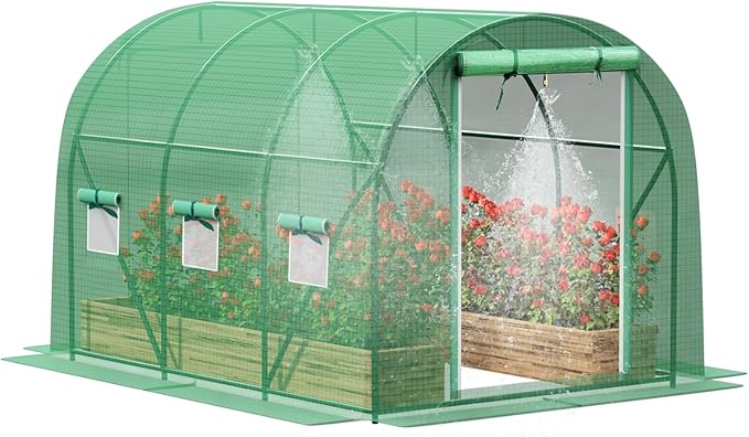 Greenhouse with Watering System, 10x7x7 Outdoor Greenhouse with 6 Mesh Windows and 1 Door, Easy Water and Irrigate Plants Green House (Green, 10x7x7 ft w/ Irrigation System)