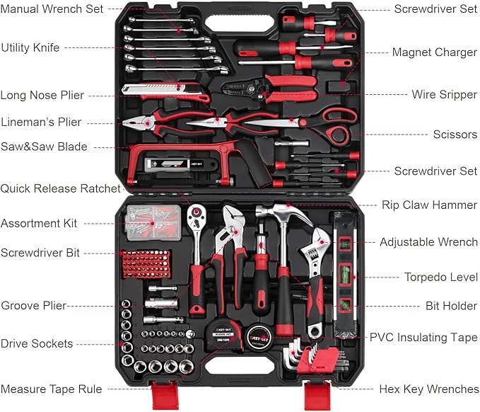 Eastvolt 218-Piece Household Tool Kit, Auto Repair Tool Set, Tool Kits for Homeowner, Plier, Screwdriver Set, Socket Kit and Toolbox Storage Case,Black + Red