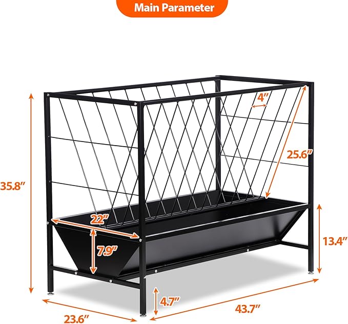 Pasture Hay Feeder 45 Gallon, Heavy-Duty Hay Grain Livestock Feeder with 24 Gallon Feed Pan, Livestock Feeding Trough Quick to Assemble, Feeding Goats, Calves, Cow, Horse for Farms