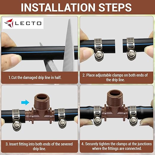 LECTO 1/2" MPT Drip Irrigation Tee Adapter – Fits 1/2" & 5/8" Drip Tubing, Barbed Tee Connector with Stainless Steel Clamps, UV-Resistant (3 Pack)