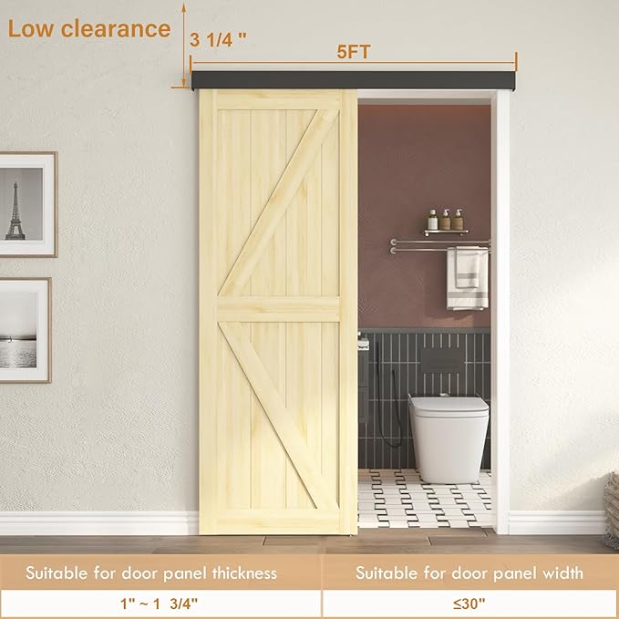 5FT Sliding Barn Door Hardware, Low Clearance Aluminium Alloy Box Rail Hardware for Wooden Barn Door, Interior Sliding Track, Easy to Install, Black