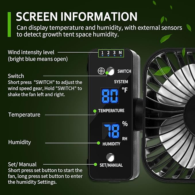 2-Pack 4” Grow Tent Fan With Temperature And Humidity Meter,Automatic Humidity Control,Oscillating Fan For Hydroponic Ventilation Circulation With Clips,Adjustable Speed Quiet Greenhouse