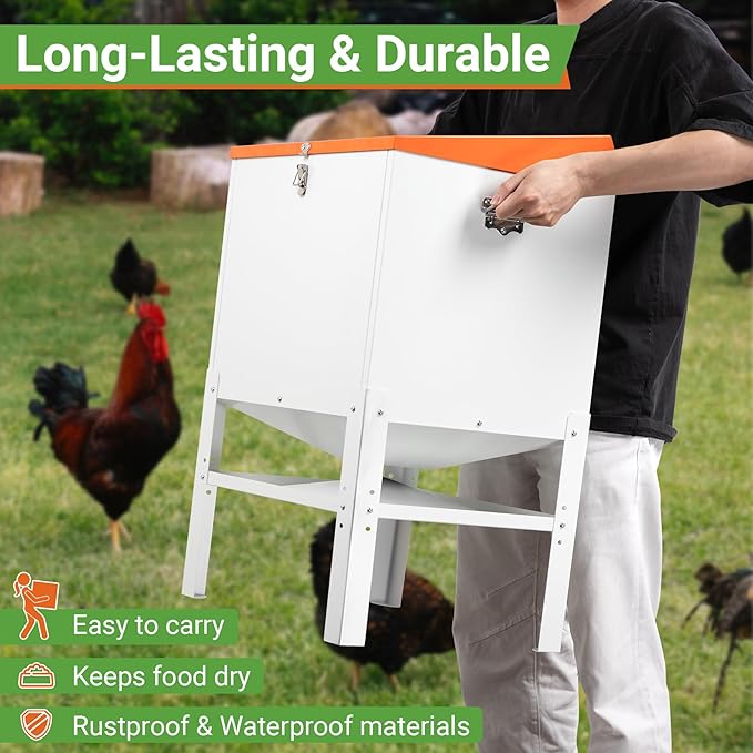 Chicken Feeder, 85LBS Capacity Metal Poultry Feeder (18” x 15.1” x 29.5”) for 16 Chickens, Powder-Coated Steel Feeder w/Waterproof Lid and Stainless Handles
