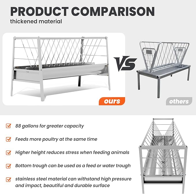 5 Foot Pasture Feeder, 88 Gallon Stainless Steel Frame Large Livestock Feeder, Easy to Assemble Goat Hay Feeder, Horse Trough, Sheep Trough