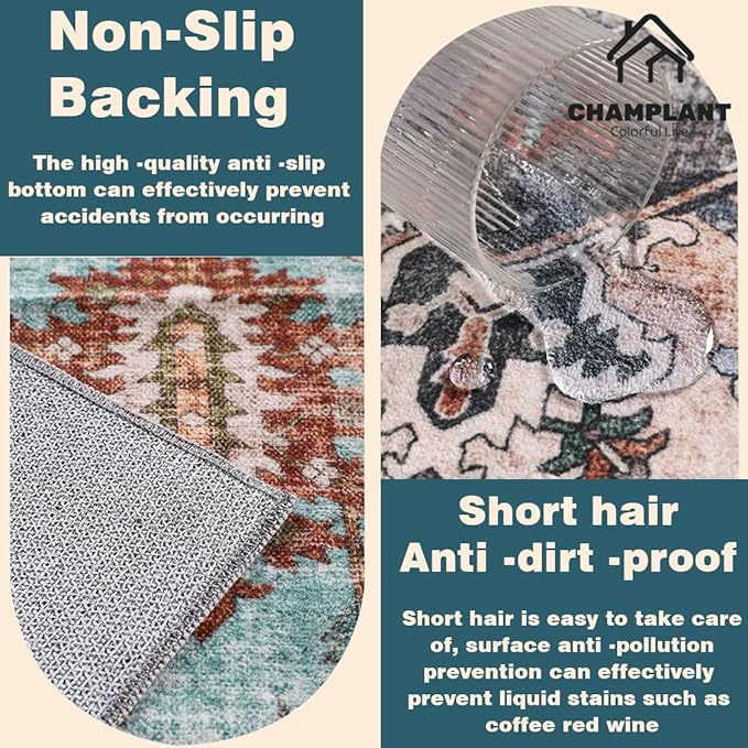 Area Rug 6'x9' Washable Floral Blue Vintage Traditional Floor Cover Thin Retro Kitchen Indoor Distressed Non Slip Carpet for Living Room Bedroom Dining Room