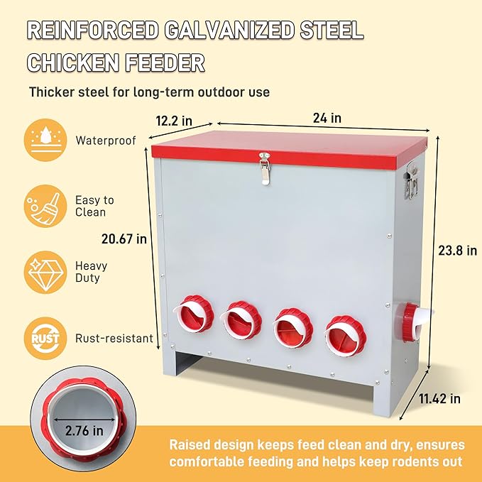 Large 85LB Automatic Chicken Feeder No Waste, Rat Proof Metal Poultry Feeder with 8 Feeding Ports, Rust-Proof Galvanized Steel Auto Chicken Feeder with Locking Lid for Chickens, Geese, Duck & Poultry