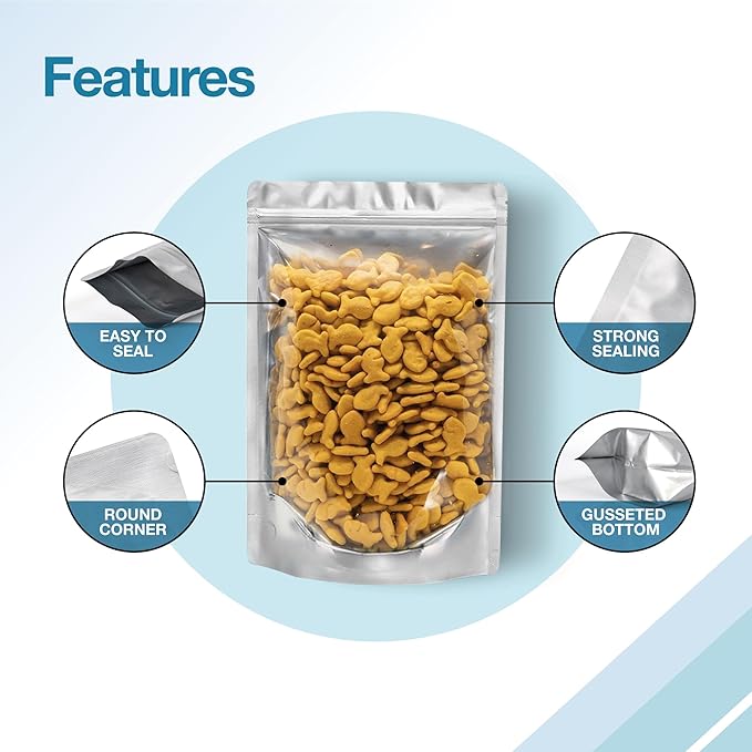 BELLE KR® 7x10 Quart Mylar Bags for Food Storage - Pack Of 100-7.5mil Thick - Gusseted Bottom - Clear Mylar Bags with See Through Window for Freeze Drying food - Labels Included