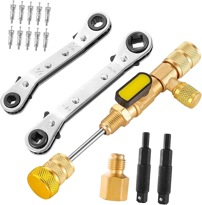 Multifunction Refrigerator Service Wrench Set Cores Removal Tool and 10 Valves for HVAC Equipment Maintenance Valves Removal Installer Tool