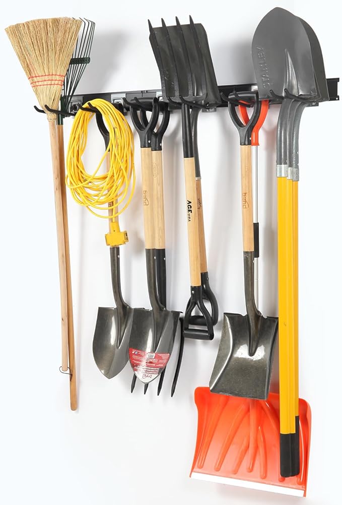 Garage Organization Wall Mount, 48inch Garden Tool Organizer with 6 Clamping Hooks, Heavy Duty, Garage Hanging Storage Rack for Yard Tools, Shovel, Shed, Hold Up to 420lbs (48Inch Black)