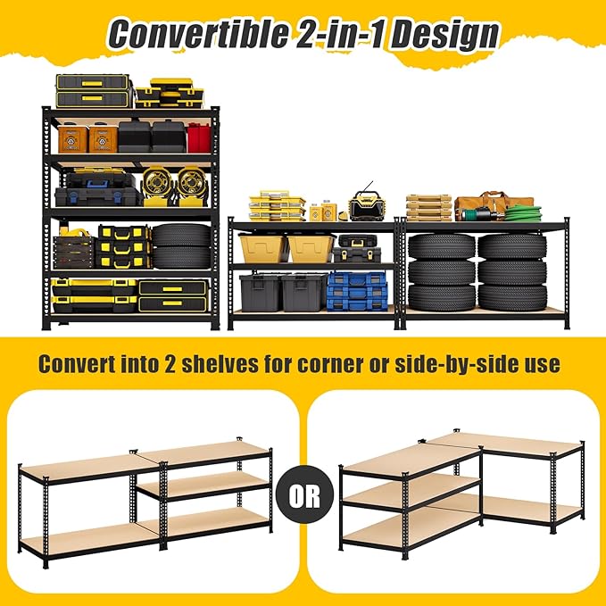 71" H x 35.5" W x 16" D 5-Tier Metal Storage Shelves: Heavy Duty Garage Shelving Adjustable Shelves for Storage - Black Utility Rack Shelf for Pantry, Warehouse, Office, Kitchen, 2PCS
