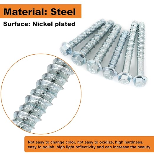 3/8 x 4 Concrete Screws, Nickel Plated Concrete Screw Drill Bit Set for Anchoring Masonry, Brick or Block (25 pcs)