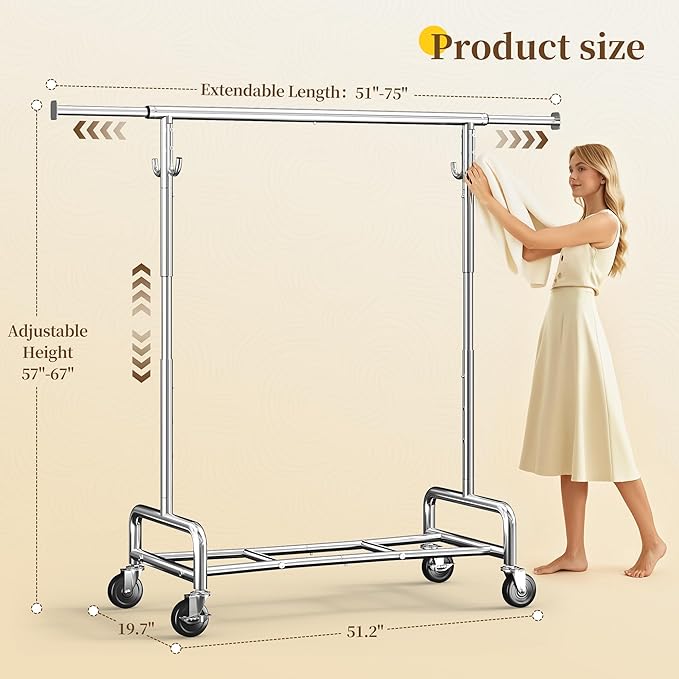 Raybee 75" W Heavy Duty Clothes Rack Load 450 LBS, Metal Garment Storage with Shelf, Lockable Wheels & Anti-Slip Stoppers, Rolling Clothing Rack for Bedroom Laundry Room