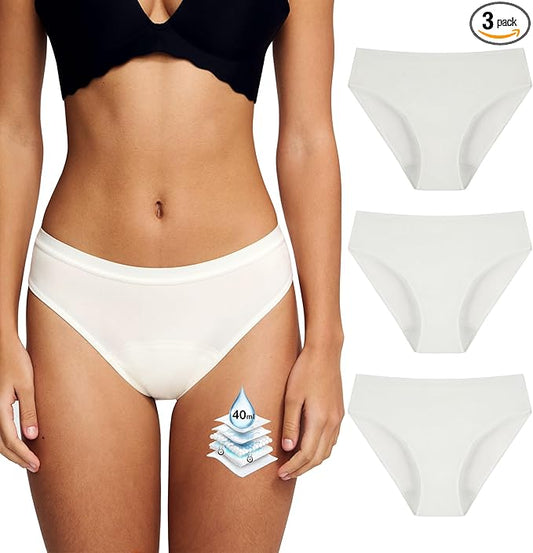 Battewa Leak Proof Underwear for Women Incontinence Underwear Teens Ladies Cotton Leakproof Panties Bikini Absorbent 40ml,3Pack (3White,Medium)