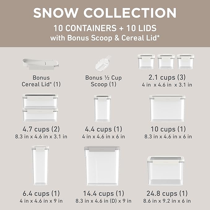 Bentgo Pantry - 22-Piece Airtight Food Storage Containers, Clear and Stackable Kitchen and Pantry Organization Set, Locking Lids for Freshness, Bonus Cereal Lid & Scoop, BPA-Free Plastic (Snow)