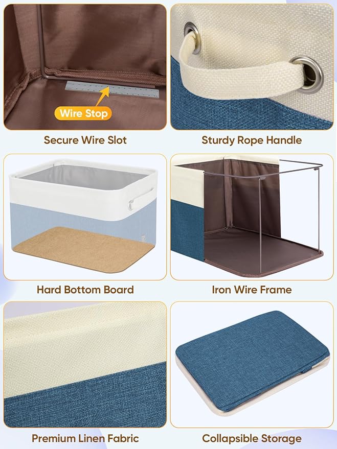 BALEINE 3 Pack Fabric Storage Bins for Shelves, Linen Storage Baskets for Organizing, Decorative Closet Bins for Clothes, Home (Navy Blue, 17''x13''x10.5'')