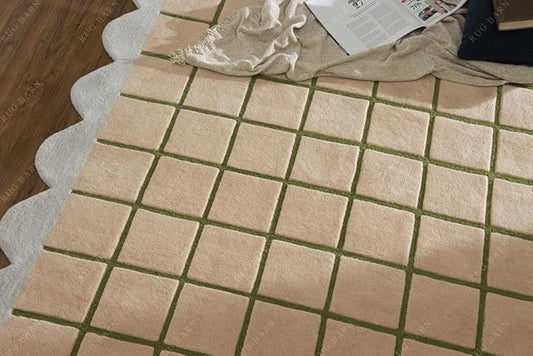 Scalloped Border Wool Area Rug with Windowpane Grid, Hand-Tufted, Beige-Blush with Sage Lines & Light Purple Edge - Soft High-Low Pile for Living Room, Bedroom, Nursery - 6x8 Ft