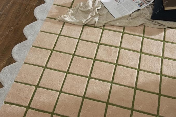 Scalloped Border Wool Area Rug with Windowpane Grid, Hand-Tufted, Beige-Blush with Sage Lines & Light Purple Edge - Soft High-Low Pile for Living Room, Bedroom, Nursery - 2.5x10 Ft (Runner)